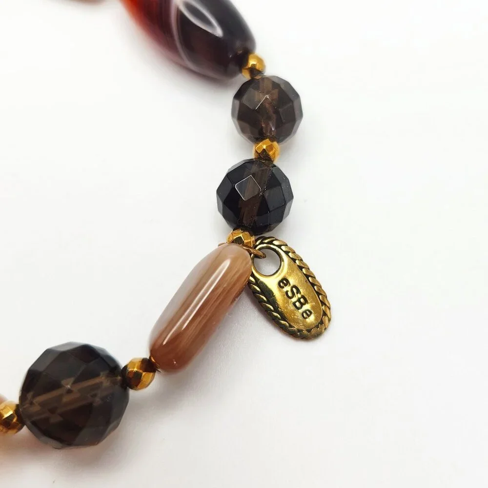 Sara Blaine eSBe Cream Brown Agate Smokey Quartz Cream Stretch Beaded Bracelet